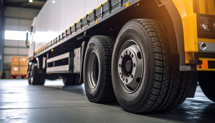 Close-up view of a truck's wheels, showcasing the detailed tread and robust design for heavy-duty performance.