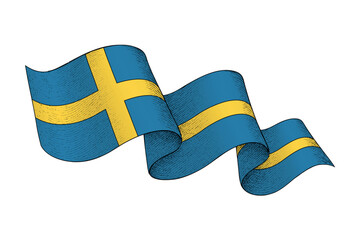 Sweden flag with wavy ribbon shape and engraved texture