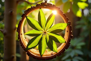 Fototapeta premium Close-Up Shot of Round Wooden Cut Shape Adorned with Vibrant Kelor Tree Leaves in Beautiful Backlight