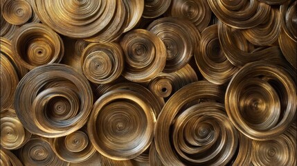 Close-up of a group of circular objects that appear to be made of metal or a similar material. the objects are arranged in a repeating pattern, with each object having a unique spiral design.