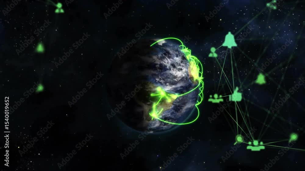 Poster rotating earth activating neon green network, arcs tracing paths, icons pulsing global connectivity