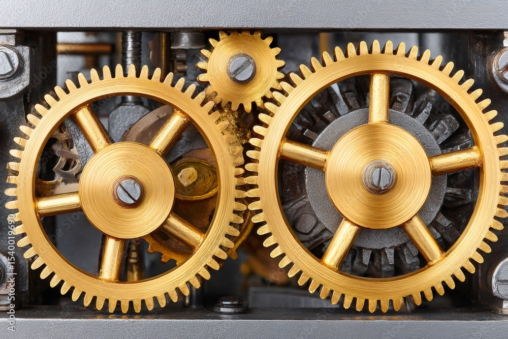 Poster Close up of interlocking gears rotating smoothly in a complex mechanism