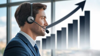 Businessman wearing headset profile view indoor modern office with growth chart - Powered by Adobe