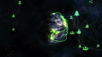 Rotating Earth activating neon green network, arcs tracing paths, icons pulsing global connectivity - Powered by Adobe