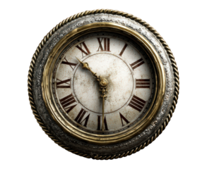 Vintage wall clock with ornate gold frame, roman numerals, and antique style, showing time at 1010, isolated on transparency background, evokes nostalgia and elegance