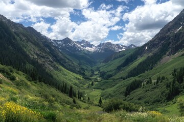 Fototapeta premium Lush green alpine valley nestled between snow-capped mountains under a partly cloudy sky; wildflowers in the foreground