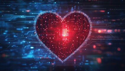 A glowing red heart shape, embedded in a circuit board pattern of blue and red