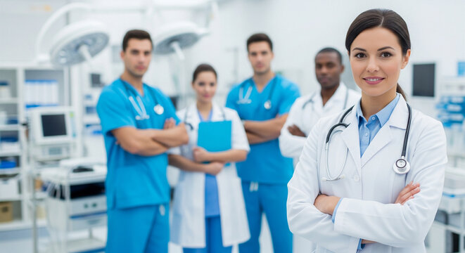 Confident female doctor with crossed arms smiles in front of a diverse medical team, symbolizing dedicated healthcare professionals, teamwork, and quality patient care - Powered by Adobe