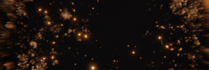 Blurred yellow and golden glow sparks from neon lights with blank spot on black backgound. 3D Rendering