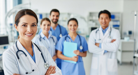Smiling female doctor with crossed arms stands in the foreground, with a diverse group of medical professionals behind her