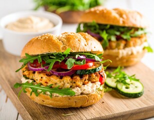 Delicious homemade chicken burgers with fresh arugula and veggies on a wooden board
