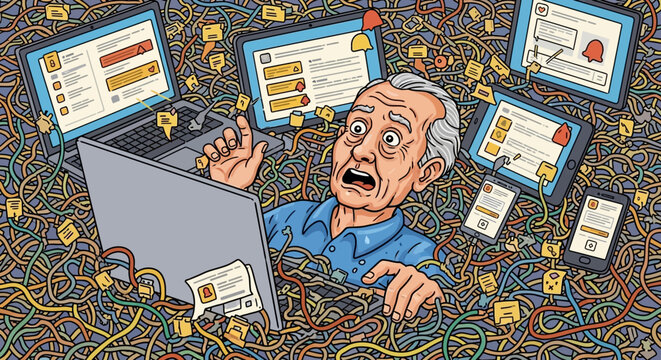 Overwhelmed Senior Man Drowning in Digital Notifications and Device Chaos