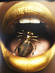 woman's mouth wearing yellow lipstick, close up macro shoot