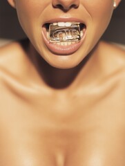 Woman's mouth close up macro shoot. Woman holds an ice cube written on it Love