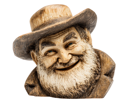 Smiling elderly man wood carving, detailed bearded face, wearing hat, rustic style, isolated on transparency background, cheerful expression, handcrafted sculpture art