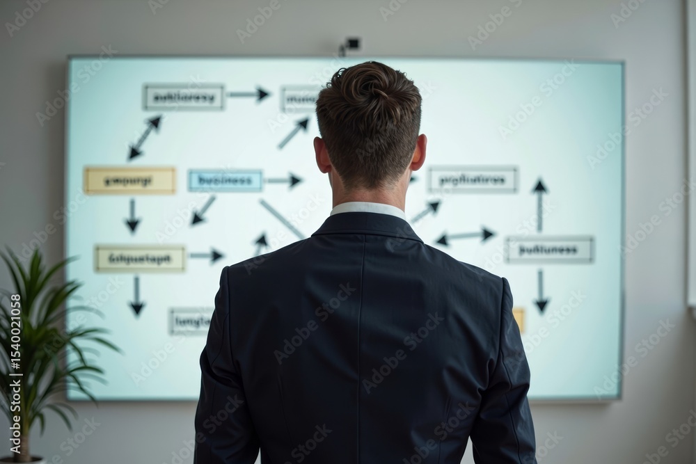 Poster on the businessman and the detailed flowchart behind him. new title: businessman standing in front o