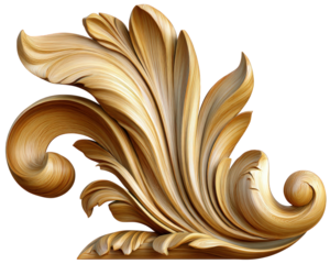 Ornate wood carving detail with swirling leaf pattern, golden brown color, isolated on transparency background, elegant decorative element for classic interior design or furniture accent