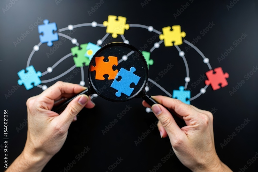 Poster analyzing a colorful puzzle flowchart with a magnifying glass on black background
