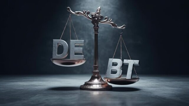 Conceptual image of debt and bt weighing on balance scale
