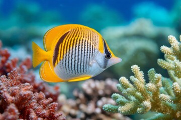 Obraz premium Threadfin butterflyfish swimming near colorful coral reef in the ocean