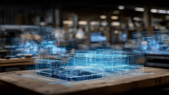 Futuristic Engineer Workshop with AR Blueprints and Precision Tools