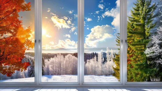 Four seasons view through window