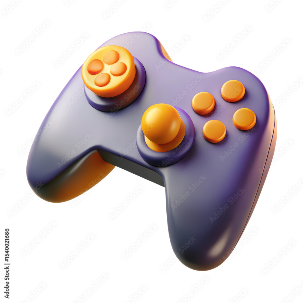 Poster 3d rendering purple and orange video game controller plasticstyle icon isolated on transparent backg