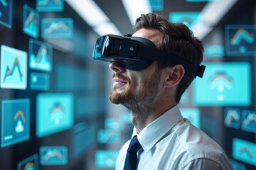 A businessman utilizing virtual reality technology for cutting-edge data analysis and decision making.