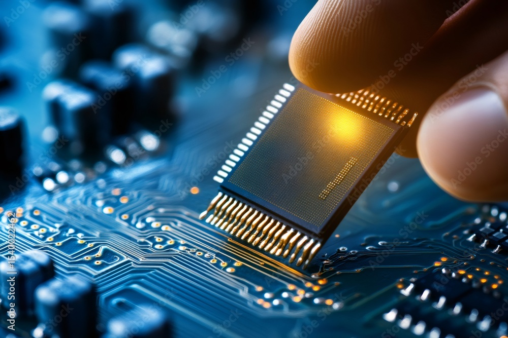 Poster technician installing microchip on electronic circuit board