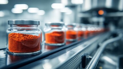 glass jars of red paprika powder spice on factory conveyor, food ingredient processing and spice production
