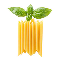  Delicious pasta spaghetti with tomato sauce garnished with a fresh basil leaf, cut out white and transparent background.
