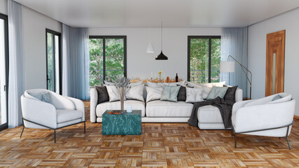 Large luxury modern bright interiors Living room mockup illustration 3D rendering image