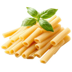 Delicious pasta spaghetti with tomato sauce garnished with a fresh basil leaf, white and transparent background.