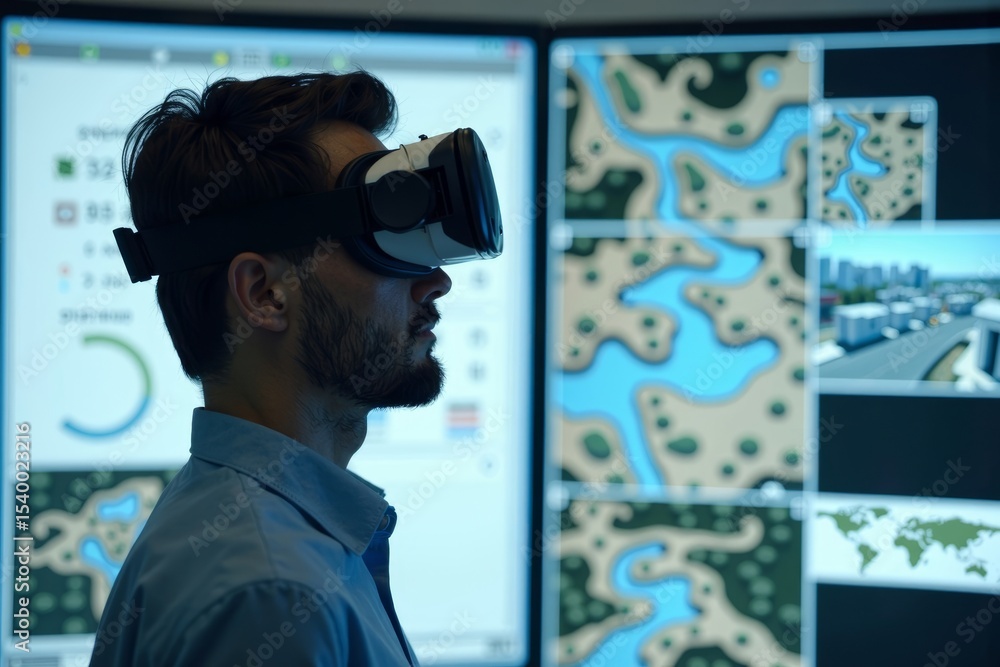 Poster immersed in a digital landscape: an engineer navigating cadastral maps and property projects in virt