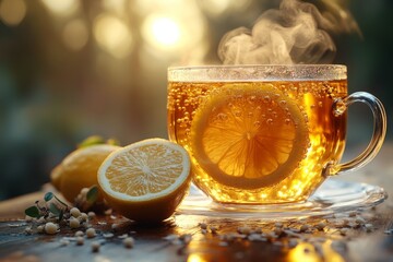 Wellness in a teacup, linden, lemon, and honey. Generative AI