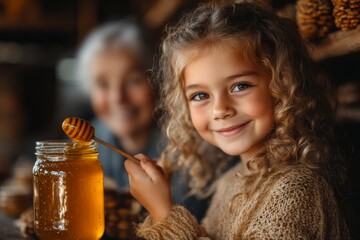A child enjoying a spoonful of honey from a jar while their grandmother smiles nearby. Generative AI