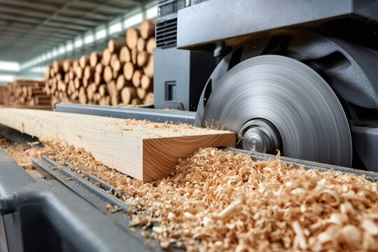 Industrial saw cutting wood plank in lumber mill