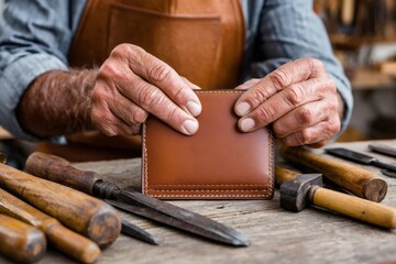 Shoemaker holding a finished brown leather wallet in workshop