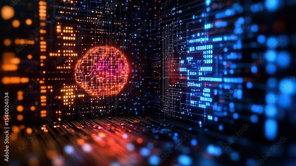 Poster global ai network, digital brain, glowing circuit board, data streams, tech background, website bann