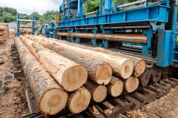 Woodworking conveyor belt carrying logs into processing machine