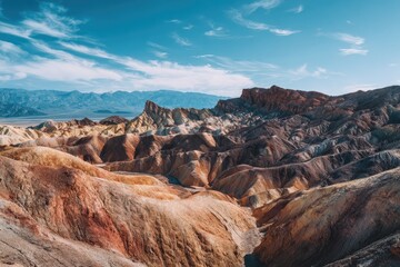 Varied hues of sandstone and clay sculpt a dramatic desert landscape under a vibrant blue sky; distant mountains under a partly cloudy sky
