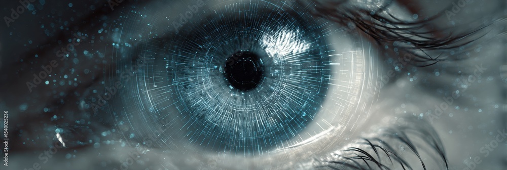 Poster stylized eye design featuring a digital iris scan highlighting surveillance awareness and technology