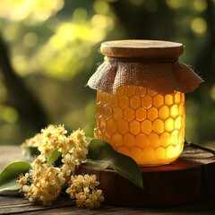 A golden jar of linden honey. Generative AI