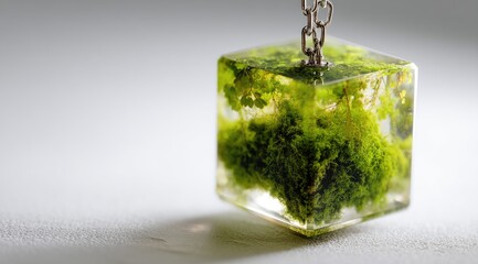 Cubic resin pendant containing preserved moss, suspended from a silver chain against a neutral backdrop