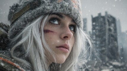 Young woman survivor standing in a blizzard in front of destroyed buildings