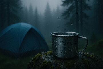 Obraz premium Metal camping mug with raindrops on a mossy rock, blue tent pitched in misty pine forest during rainy morning