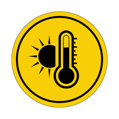 High temperature. Very hot and scalding. Heat. Yellow circle sticker. Warning icon. Sign yellow....