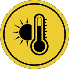 High temperature. Very hot and scalding. Heat. Yellow circle sticker. Warning icon. Sign yellow. Circle label.