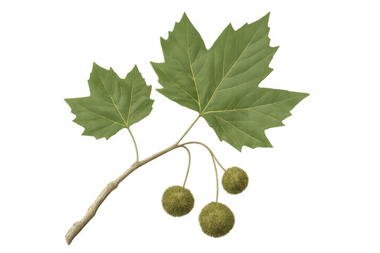 Sycamore branch with green leaves and seed pods isolated on transparent background, ideal for nature-themed projects - Powered by Adobe