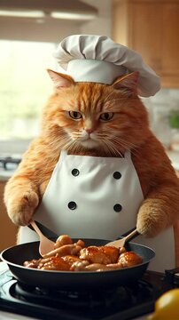 A chubby orange cat dressed as a chef, cooking fried chicken in a cozy kitchen. Wearing a chef hat and apron, the feline focuses on the pan with serious culinary dedication.